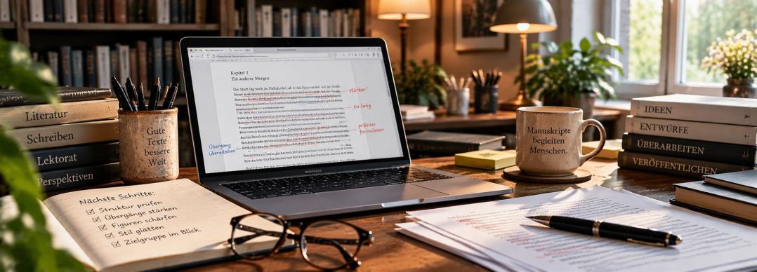 Professionelle Manuskriptüberarbeitung am Laptop mit Kommentaren und Notizen